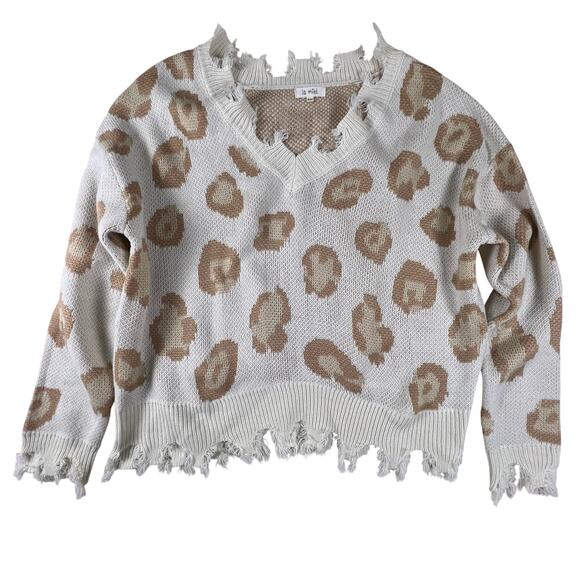 Neutral Leopard Print Distressed Sweater S/M Cream Beige Frayed Hem Grunge Knit - Picture 3 of 11